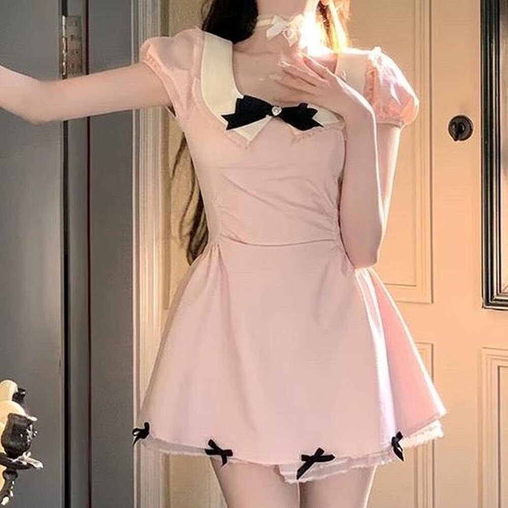 Womens Korean Cute Kawaii Coquette Aesthetic Pink Peter Pan Collar Lolita ribbon